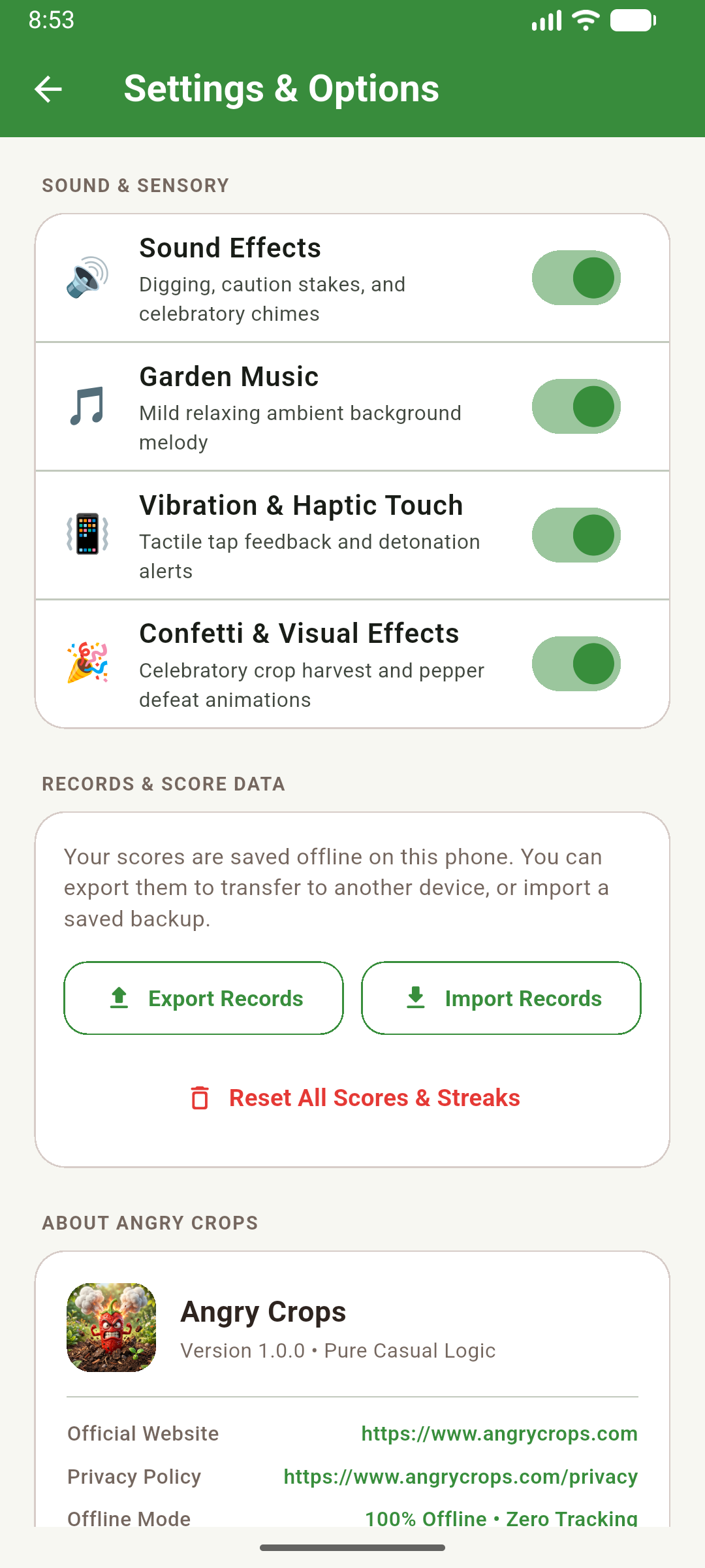 Crops Island Settings and Data Export